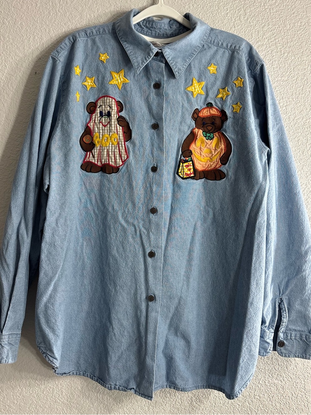 Karen Scott Vintage Denim Halloween Button-Down Embroidered Fall Shirt-L VTG 80s